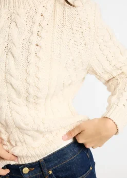 Mille Rory Ivory Cableknit Crew Sweater Cotton