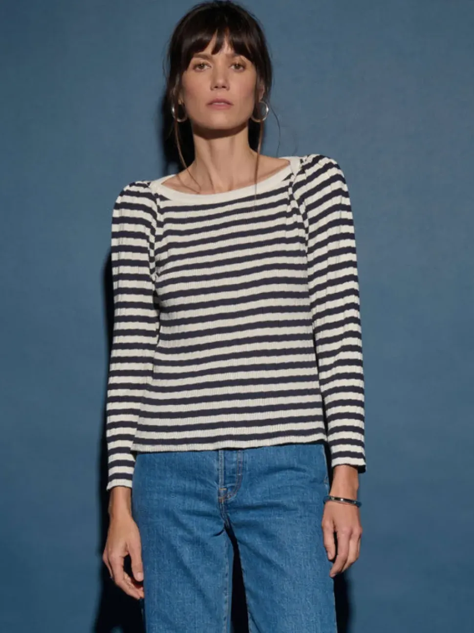 Nation LTD Amelie Envelope Neck Top in Pointelle Stripe